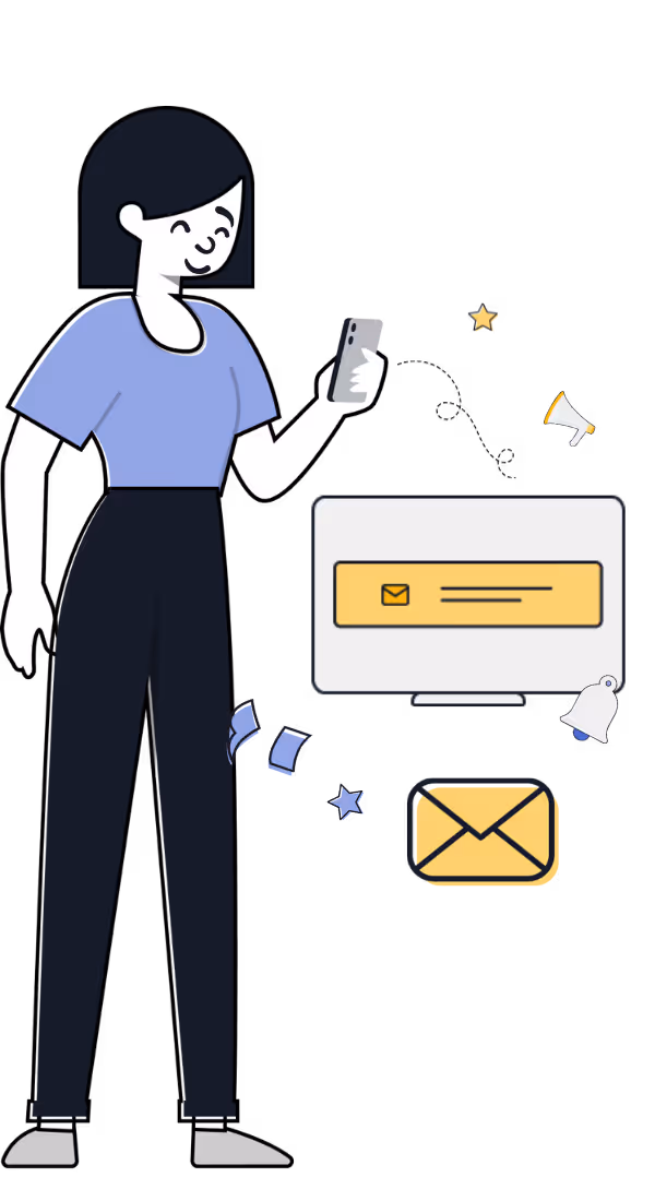 Graphic of a woman holding a phone with various icons around. 